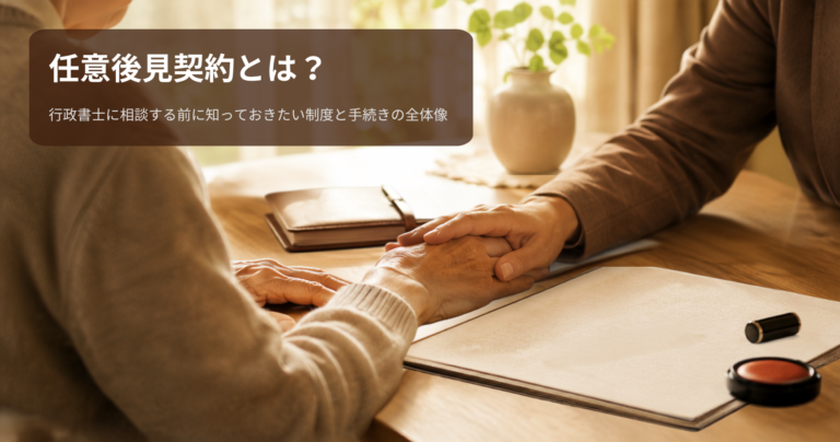 高齢の方と支える側の手が重なり合う様子。手帳や書類、印鑑が置かれた木製の机、背景には温かい光と観葉植物。任意後見契約による将来への備えをイメージした写真